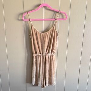 Oh My Love Velvet Spaghetti-Strap Romper in Taupe